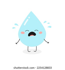 Cute sad cartoon water drop character crying splashing tears. Vector flat illustration isolated on white background