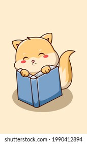 Cute and sad cat with book animal cartoon illustration