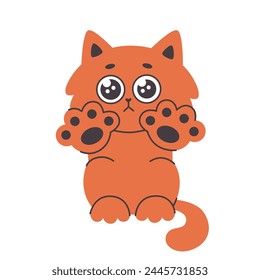 Cute sad cat with paws.Sad look, pleading, pitiful.Simple flat vector cartoon illustration