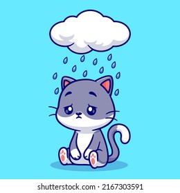 Cute Sad Cat Sitting Under Rain Cloud Cartoon Vector Icon Illustration. Animal Nature Icon Concept Isolated Premium Vector. Flat Cartoon Style svg
