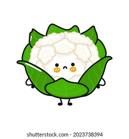 Un triste personaje de coliflor. Caricatura dibujada a mano del vector icono de ilustración del personaje kawaii. Aislado sobre fondo blanco. Concepto de carácter de coliflor