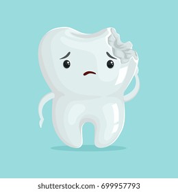 Cute sad cavity cartoon tooth character, childrens dentistry, dental care concept vector Illustration