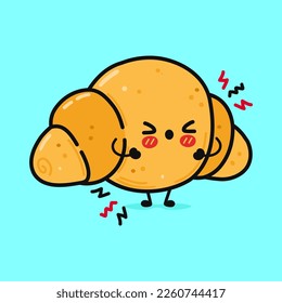 Cute sad Сroissant character. Vector hand drawn cartoon kawaii character illustration icon. Isolated on blue background. Angry cute Сroissant character concept