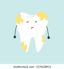 Cute sad character white tooth with yellow plaque in blue isolated background. Vector flat medicine cartoon character for children design