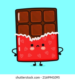 Cute sad chocolate character. Vector hand drawn cartoon kawaii character illustration icon. Isolated on blue background. Angry cute chocolate character concept