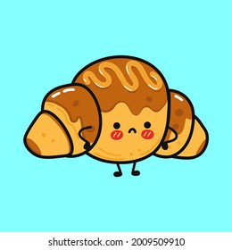 Cute sad chocolate croissant character. Vector hand drawn cartoon kawaii character illustration icon. Isolated on yellow background. Сhocolate croissant character concept