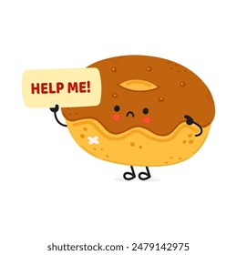 Cute sad Chocolate Doughnut asks for help character. Vector hand drawn cartoon kawaii character illustration icon. Isolated on white background. Suffering unhealthy Doughnut character concept