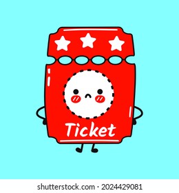 Cute sad cinema ticket character. Vector hand drawn cartoon kawaii character illustration icon. Isolated on blue background. Cinema ticket character concept
