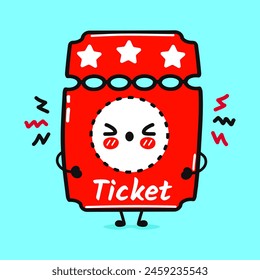 Cute sad Cinema ticket character. Vector hand drawn cartoon kawaii character illustration icon. Isolated blue background. Angry cute ticket character