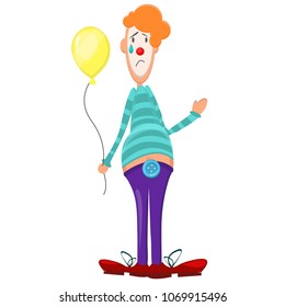 Cute sad clown with reddish curly hair cries. Holds yellow balloon in hand and waves. Big red shoes, purple pants with a big blue button. Jacket of a pigeon in a strip. Modern vector flat design 
