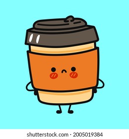 Cute sad coffee character. Vector hand drawn cartoon kawaii character illustration icon. Isolated on blue background. Сoffee character concept