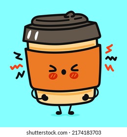Cute sad coffee character. Vector hand drawn cartoon kawaii character illustration icon. Isolated on blue background. Сoffee character concept