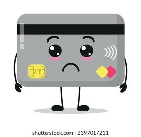 Cute sad credit card character. Funny unhappy economy cartoon emoticon in flat style. closet vector illustration