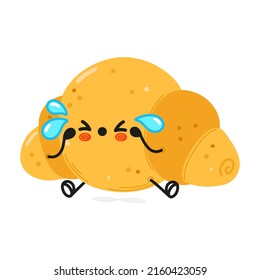 Schön trauriger Croissant-Charakter. Vektorhandgezeichnete Cartoons kawaii Zeichentricksymbol. Einzeln auf weißem Hintergrund. Trauriges Kroissant-Zeichenkonzept