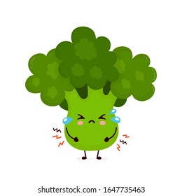 Cute sad cry broccoli vegetable. Vector flat cartoon character illustration icon design.Isolated on white background. Green broccoli vegetable concept