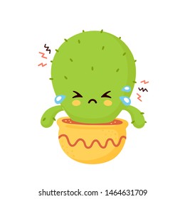 Cute Sad Cry Dried Cactus. Vector Flat Cartoon Illustration Icon Design. Isolated On White Background. Cactus In Pot Concept