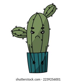 Cute sad cry dried cactus. Vector flat cartoon