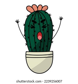 Cute sad cry dried cactus. Vector flat cartoon