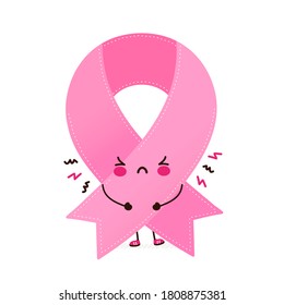 Cute sad cry funny pink ribbon character. Vector cartoon character illustration icon design. Isolated on white background. Breast Cancer Awareness Month pink ribbon symbol concept