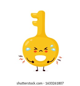 Cute sad cry gold key. Vector flat cartoon character illustration icon design.Isolated on white background. Key character concept