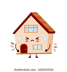 Cute sad cry house. Vector flat cartoon character illustration icon design. House build,home concept