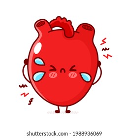 Cute Sad Cry Human Heart Organ. Vector Flat Line Doodle Cartoon Kawaii Character Illustration. Isolated On White Background. Human Sick Heart Organ, Attack, Risk Cartoon Mascot Character Concept