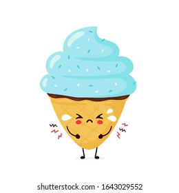 Cute sad cry ice cream cone. Vector flat cartoon character illustration icon design.Isolated on white background. Ice cream cone, dessert menu concept