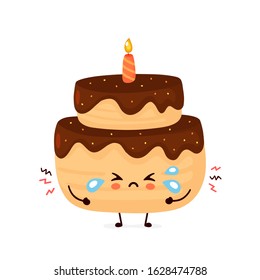 Cute sad cry layered birthday party cake with one candle. Vector flat cartoon character illustration icon design.Isolated on white background.  Birthday cake concept