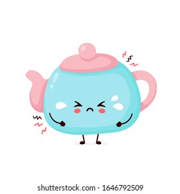 Cute sad cry teapot. Vector flat cartoon character illustration icon design.Isolated on white background. Teapot,tea menu concept