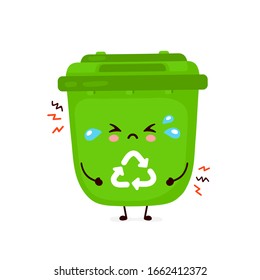 Cute sad cry trash bin. Vector flat cartoon character illustration icon design.Isolated on white background. Recycling trash, sorted garbage concept