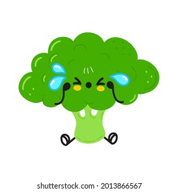 Carácter de brócoli triste y lloroso. Caricatura dibujada a mano del vector icono de ilustración del personaje kawaii. Aislado sobre fondo blanco. Concepto de carácter brócoli