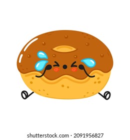 Rute traurig und weinend Schokolade Donut Charakter. Vektorhandgezeichnete Cartoons kawaii Zeichentricksymbol. Einzeln auf weißem Hintergrund. Chocolate Donut-Zeichenkonzept