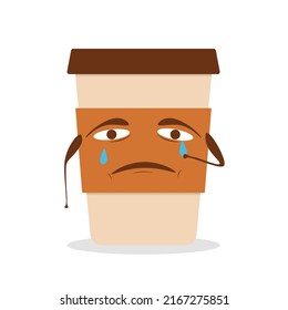 Cute sad, crying coffee paper cup. Vector flat cartoon character illustration icon design.Isolated on white background. Coffee to go, take away concept
