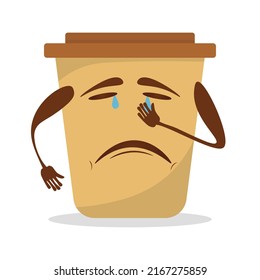 Cute sad, crying coffee paper cup. Vector flat cartoon character illustration icon design.Isolated on white background. Coffee to go, take away concept