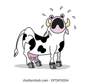 Cute sad crying cow character standing with tears around. Isolated on white background. Cartoon style vector illustration.