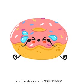 Cute sad and crying Donut character. Vector hand drawn cartoon kawaii character illustration icon. Isolated on white background. Donut character concept