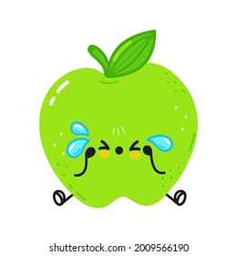 Cute sad and crying green apple character. Vector hand drawn cartoon kawaii character illustration icon. Isolated on white background. Green apple character concept