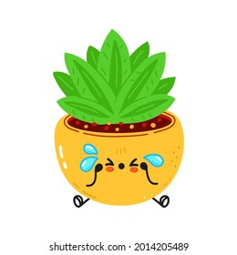 Carácter de planta interior triste y llorando. Caricatura dibujada a mano del vector icono de ilustración del personaje kawaii. Aislado sobre fondo blanco. Concepto de carácter de planta interior