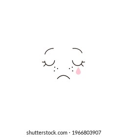 Cute sad crying kawaii face expression clipart isolated on white. Funny facial illustration. Simple minimalistic cartoon character graphic design