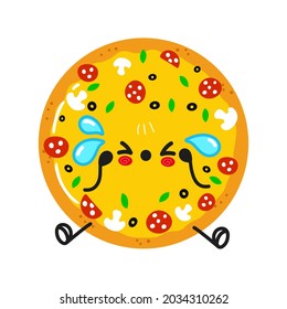 Personaje de pizza triste y llorando. Caricatura dibujada a mano del vector icono de ilustración del personaje kawaii. Aislado sobre fondo blanco. Concepto de personaje de pizza