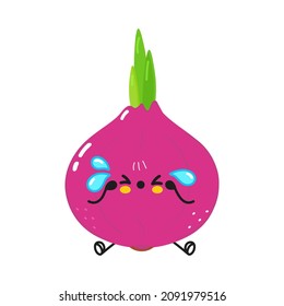 Un personaje de cebolla roja triste y llorando. Caricatura dibujada a mano del vector icono de ilustración del personaje kawaii. Aislado sobre fondo blanco. Concepto de personaje de cebolla roja