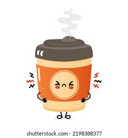 Cute sad cup of coffee character. Vector hand drawn cartoon kawaii character illustration icon. Isolated on white background. Angry sad cute cup of coffee