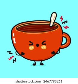 Cute sad Cup of coffee character. Vector hand drawn cartoon kawaii character illustration icon. Isolated blue background. Angry cute chocolate Cup of coffee character