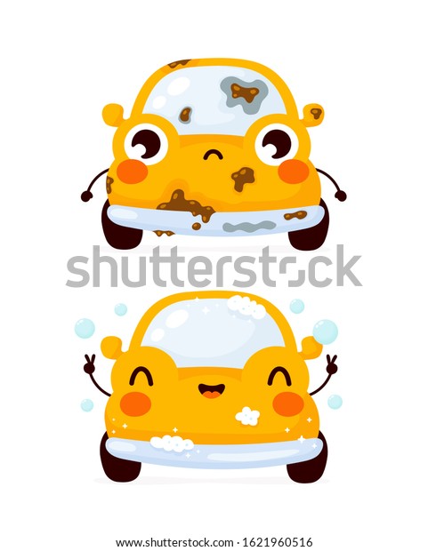 Cute sad dirty\
and happy clean yellow automobile car. Vector flat cartoon\
character illustration icon design.Isolated on white background.\
Automobile car wash\
concept