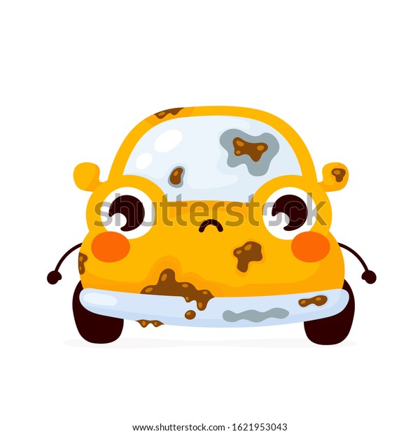Cute sad dirty yellow automobile\
car. Vector flat cartoon character illustration icon\
design.Isolated on white background. Automobile car character\
concept