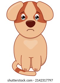 cute sad doggie - tears, resentment, cries, isolated vector sticker in flat style with stroke