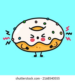 Cute sad Donut character. Vector hand drawn cartoon kawaii character illustration icon. Isolated on blue background. Angry cute Donut character concept