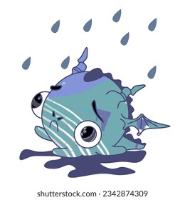 Cute sad dragon in the rain. Color. Vector.