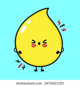 Linda y triste gota de carácter de orina. Vector dibujado a mano de dibujos animados kawaii personaje ilustración icono. Fondo azul aislado. Carácter de gota de orina enojado lindo