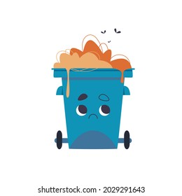 Cute sad dustbin full of trash isolated vector illustration. Environmental pollution design element. Waste sorting concept art.